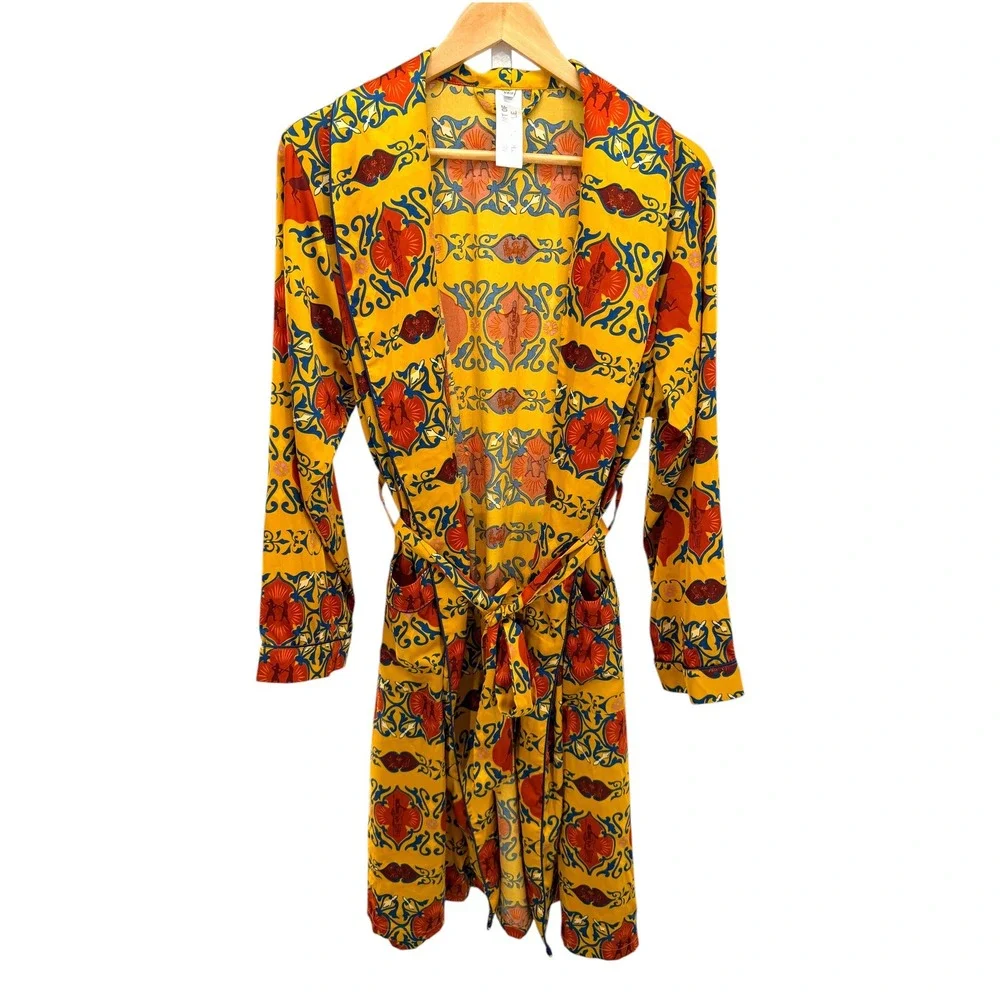 Movement of the People Yellow Heraldic Print Robe Duster XS/S Belted Pockets